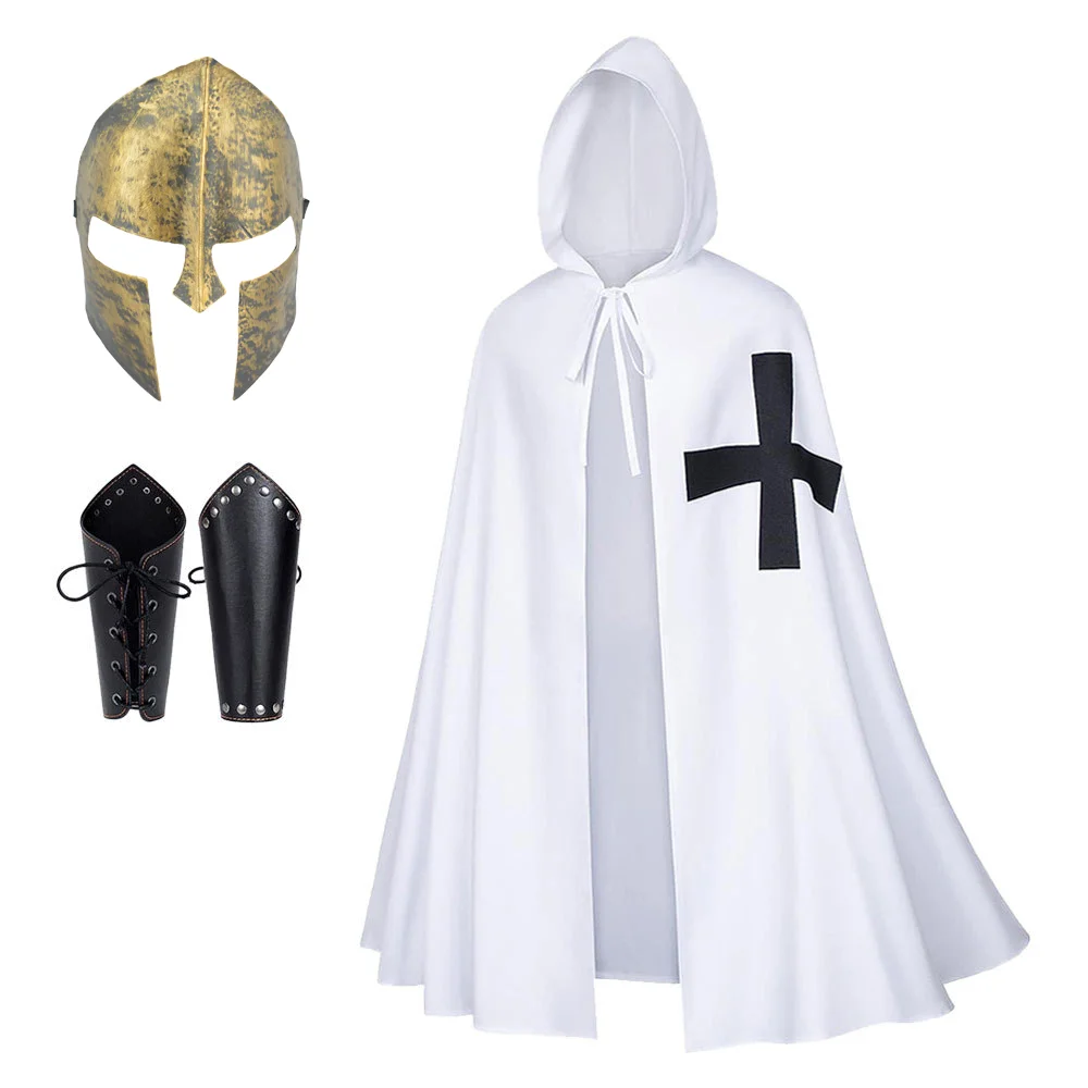 3PCs Medieval Renaissance Crusader Cloak Robe Cosplay Costume Mask PU Leather Arm Bracers Set Knight Cape Templar for Halloween