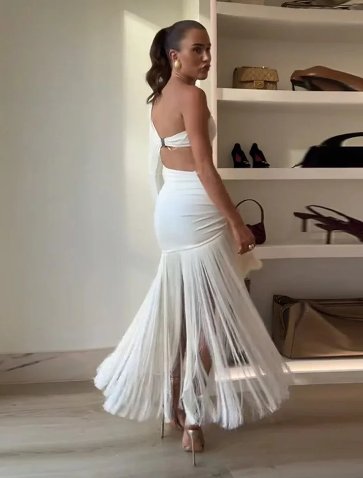 เดรสยาวแขนเดียวแบบเปิดไหล่ แต่งพู่ ตัดเย็บแบบแพทช์เวิร์ค โชว์หลัง ทรงเข้ารูป สำหรับผู้หญิง เหมาะสำหรับงานปาร์ตี้ฤดูร้อน สไตล์สตรีท