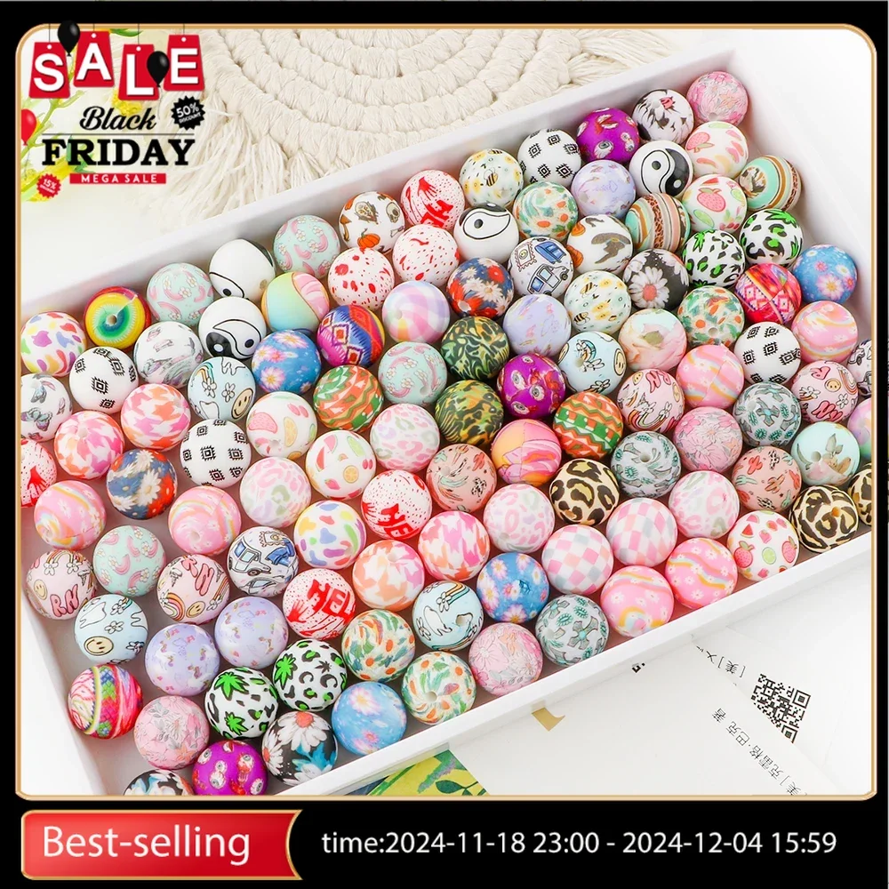 Kivoct New 10/20Pcs 15mm Printed Silicone Beads Round Charm Beads For Jewelry Making DIY Keychain Necklace Bracelet Accessorie