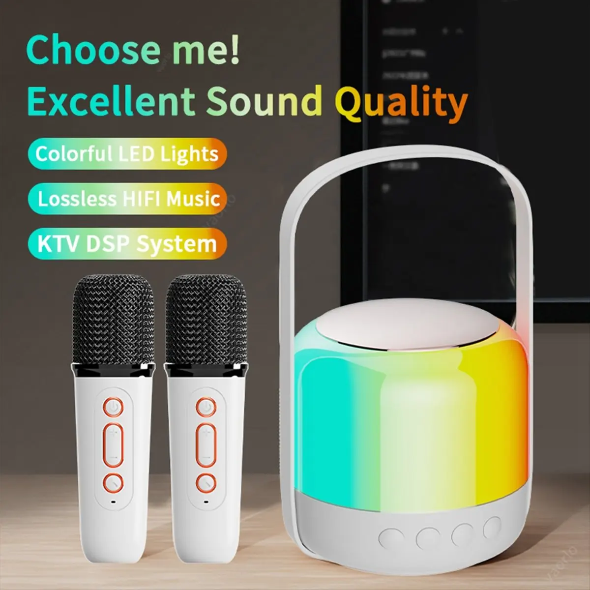 AABFK RGB Light Bluetooth 5.3 Speaker with Wireless Dual Microphones Karaoke Machine KTV DSP System 3D HIFI Stereo Surround