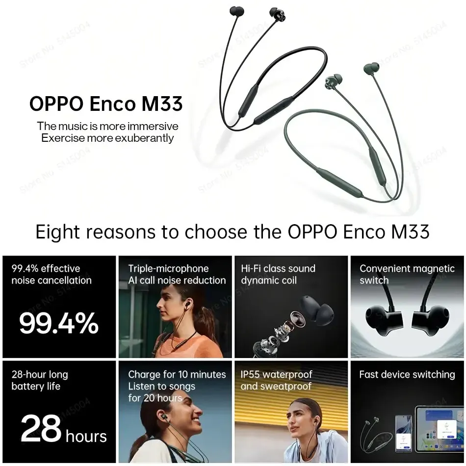 OPPO Enco M33 Wireless Earphone 45dB Active Noise Cancelling Wireless Bluetooth 5.2 Headphone 28 Hours Battery Life IP55