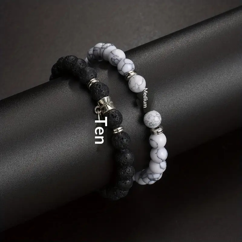 Ensemble de 2 bracelets tendance en pierre naturelle pour hommes, style vintage, turquoise blanche, pierre volcanique, cadeaux pour hommes