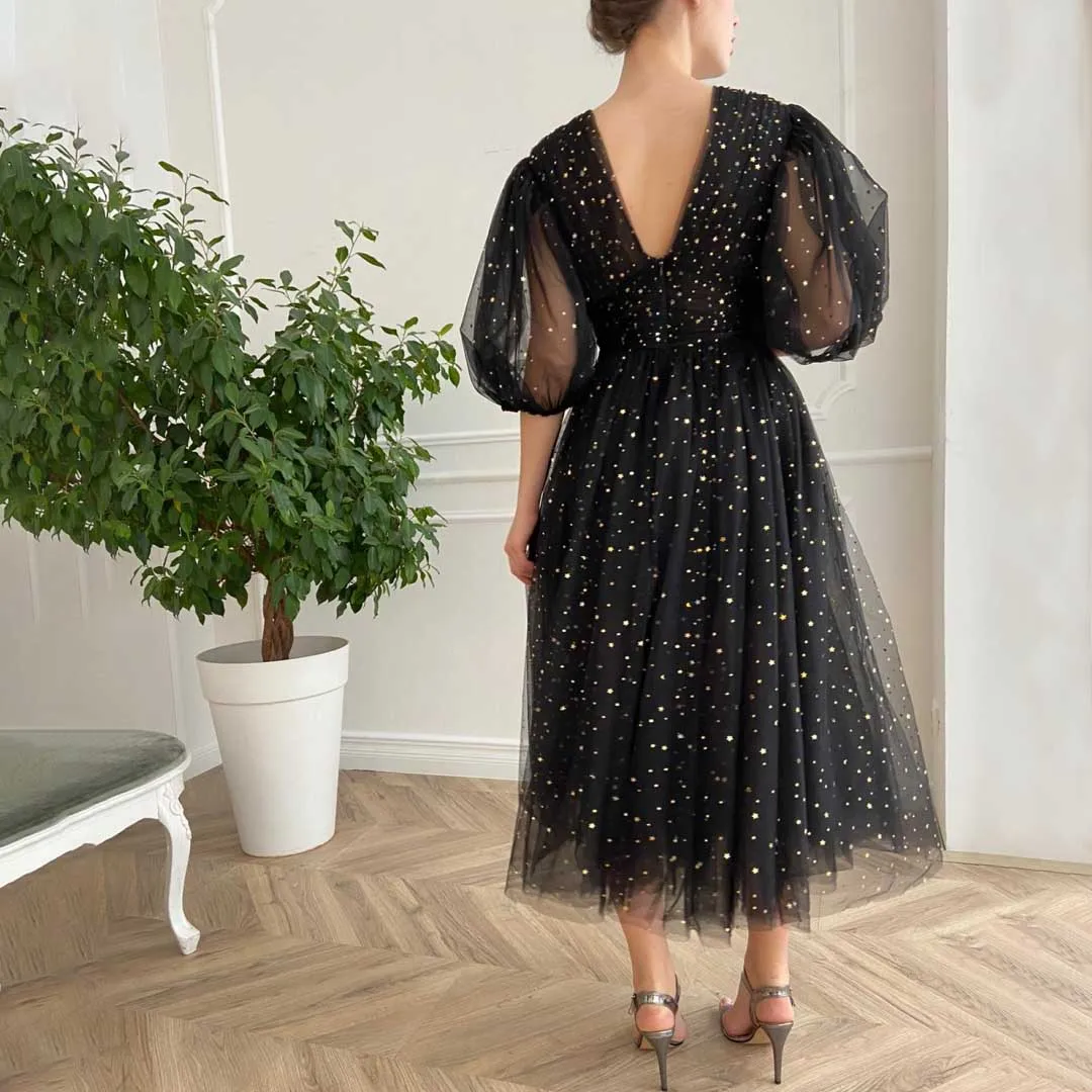 Tulle V-neck Lantern Sleeve Evening Dresses Classic Half Sleeves A-line Maxi Girl's Pageant Dress Backless Pleats Party Dress