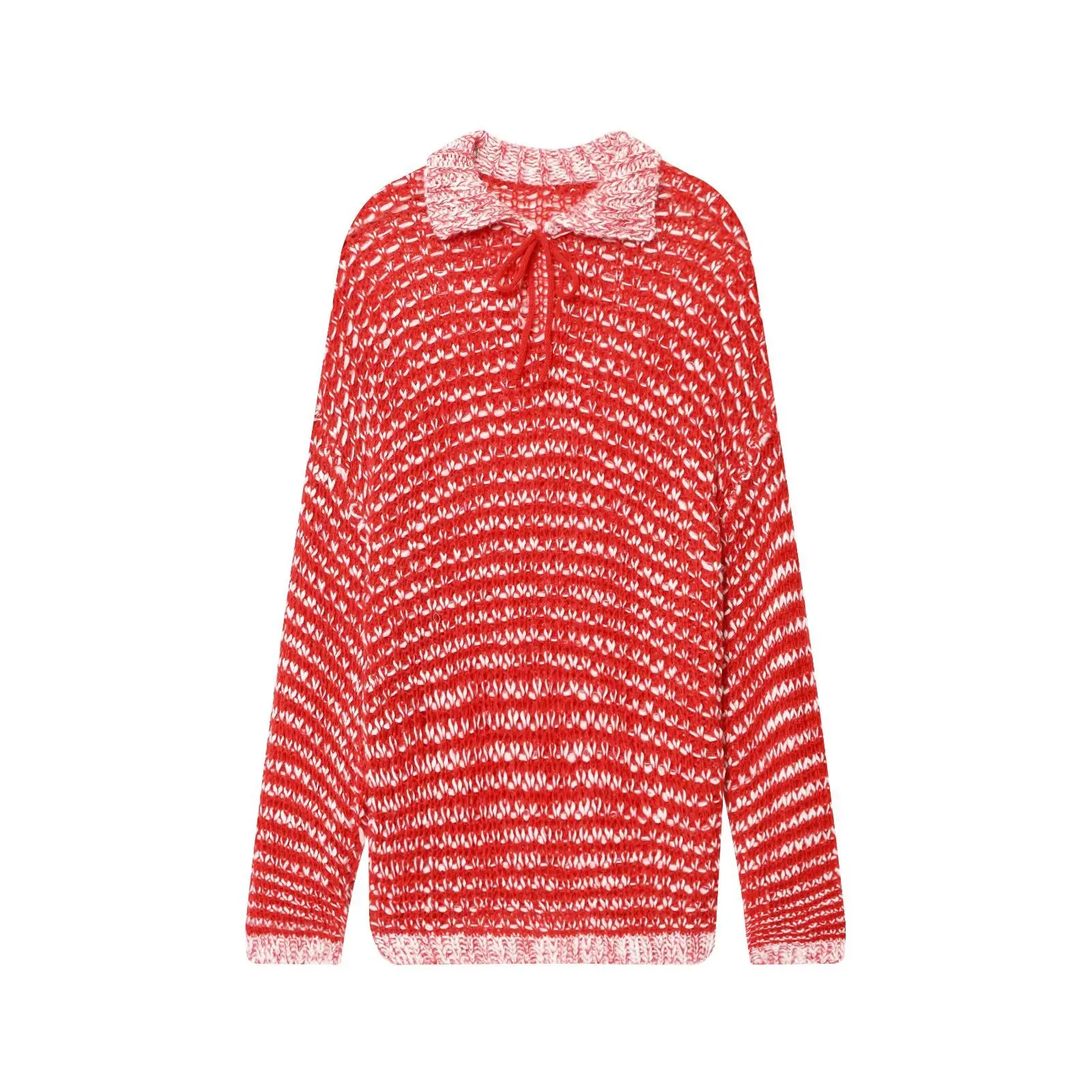 

Woman's Knitted Pullover Polo Collar Lace-up Long Sleeve Stitching Contrast Color Sweater Pullover Autumn Female Chic Top