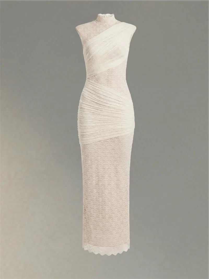 Beige Lace Prom Dress Sexy High Neck Backless Sleeveless Long Sheath Party Gown Slim‑Fit Casual Daily Birthday Evening Robe - view 5