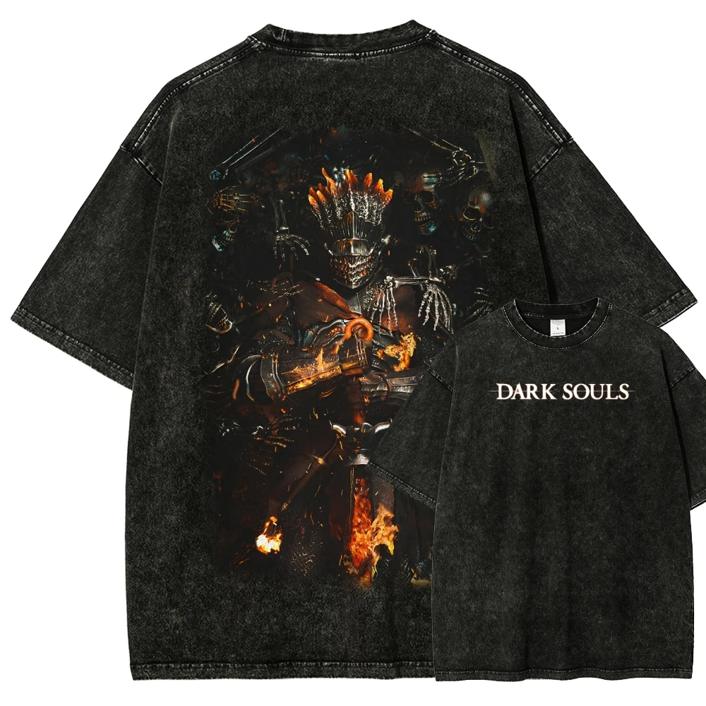 Classic Action Role-playing Game Dark Souls Graphic Print T-shirt Men Women Vintage Washed O-neck Cotton Streetwear Harajuku Top