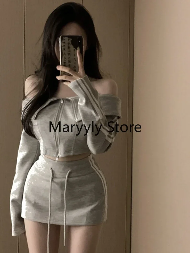 Pure Color 2 Piece Skirt Set Women Sexy Bodycorn Long Sleeve Sweatshirts Tops + Casual High Waist  Sport Mini Skirt 2023 Autumn