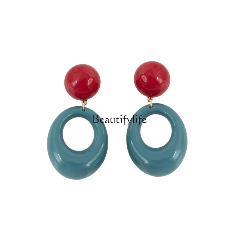 

Retro Hong Kong style circle earrings 2024 new popular high-end blue stud earrings