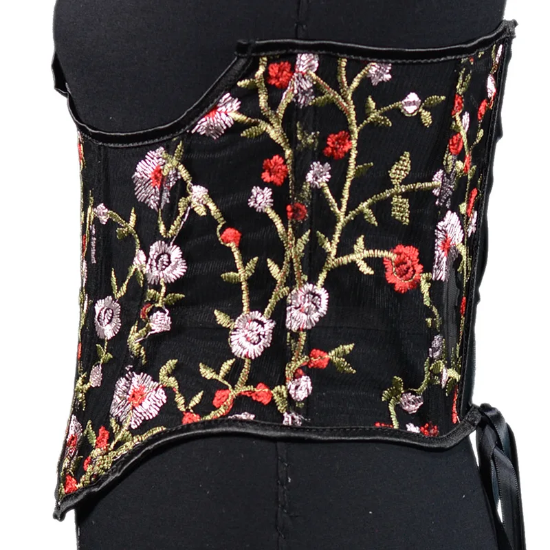 Embroidery Floral Corset Waist Trainer Mesh Transperant Underbust Bustier Top Curve Shaper Strap Slimming Cincher Girdle Korse