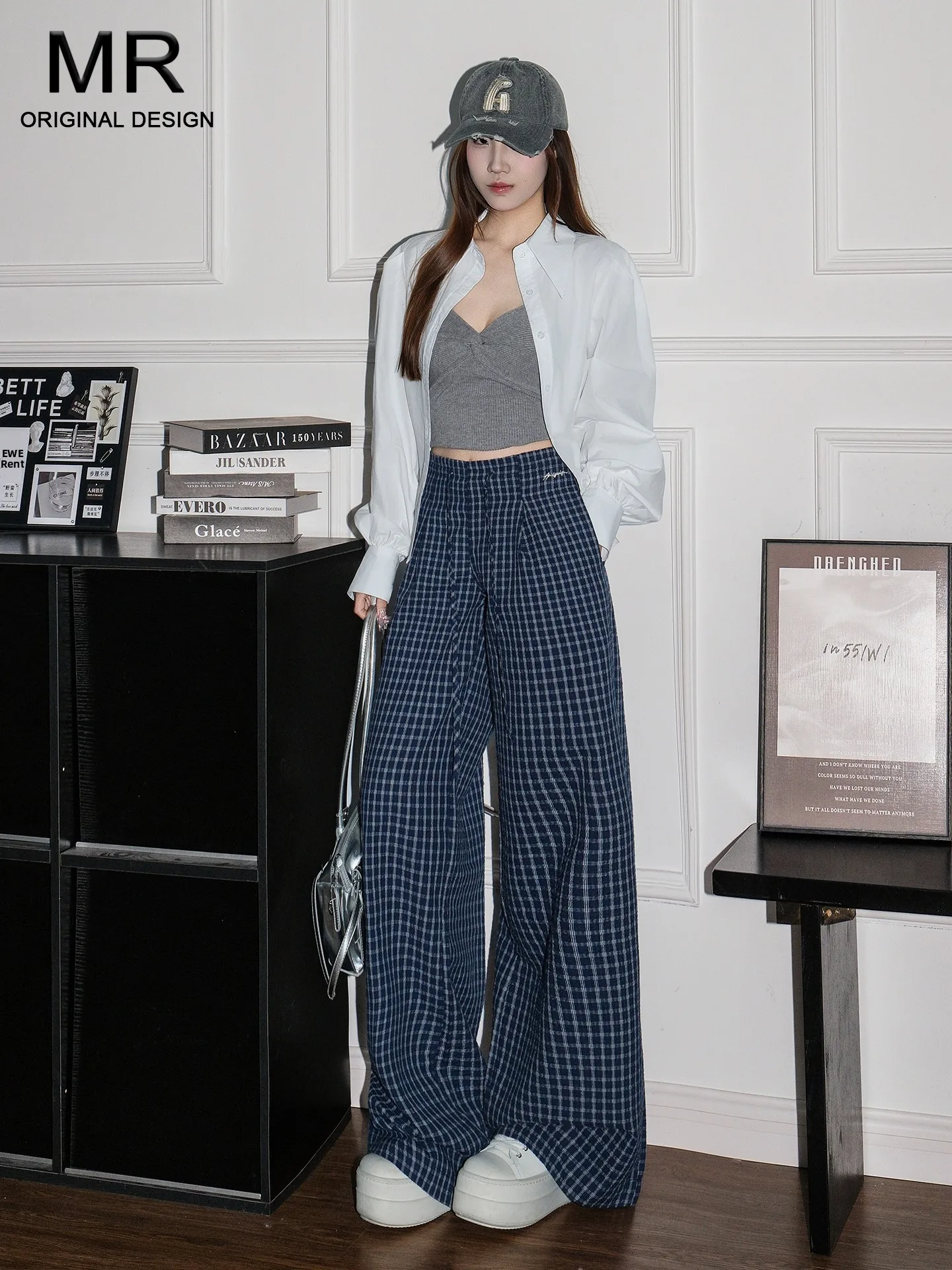 Loose Wide Leg Casual Pants Women's High Waist Straight Tube Long Trousers Summer New Style Drawstring Slimming Check Design