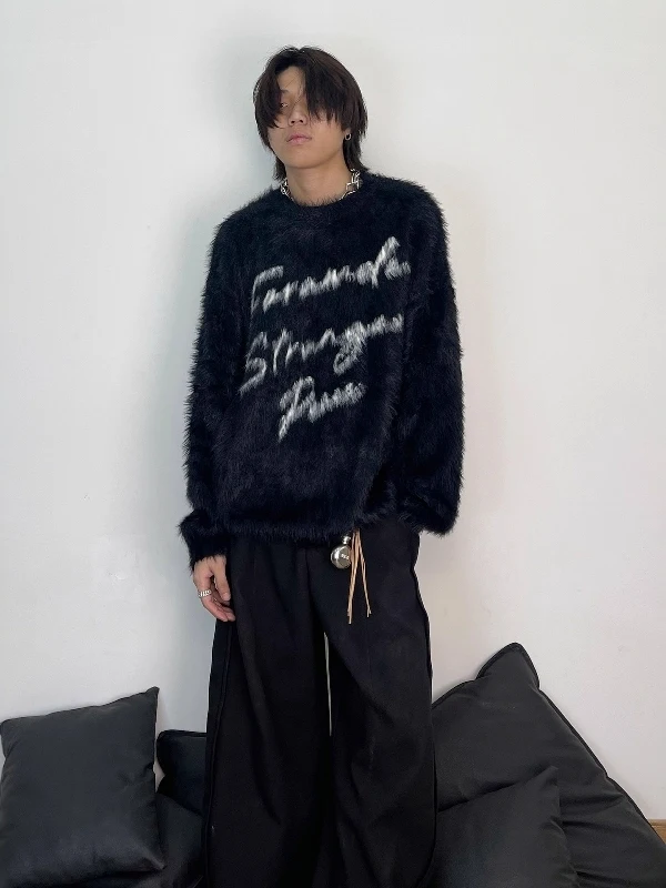 

Ретро американский готический трикотаж с вышивкой буквами из искусственного меха, повседневный свободный осенне-зимний новый универсальный вязаный свитер