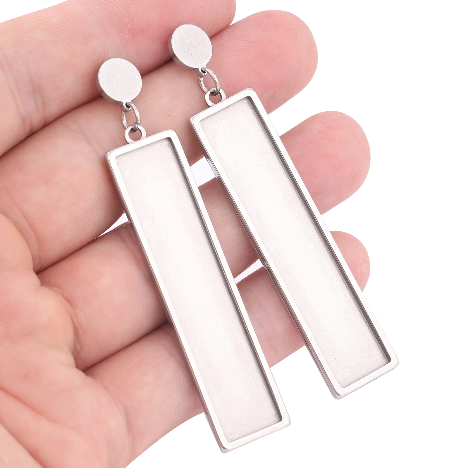 6pcs Stainless Steel Fit 10x50mm Rectangle Cabochon Earring Base Setting Blanks Diy Post Earrings Bezel For Jewelry Making