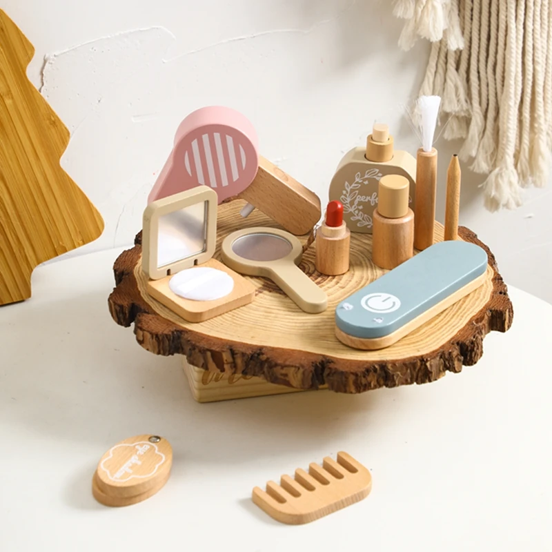 Wooden Toy Girls Makeup Set Pretend Play Kid Make Up Beautiful Hairdressing Simulation For Girl Children Dressing Cosmetic Gifts