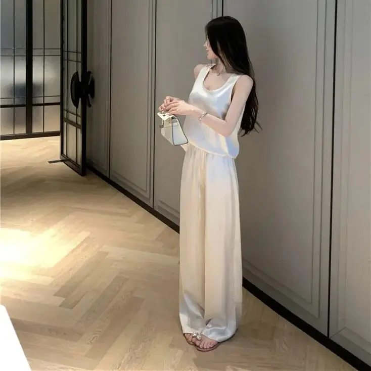 Simple temperament old money style satin vest top straight trousers suit Sleeveless Top and Pants Loose Slim Tops