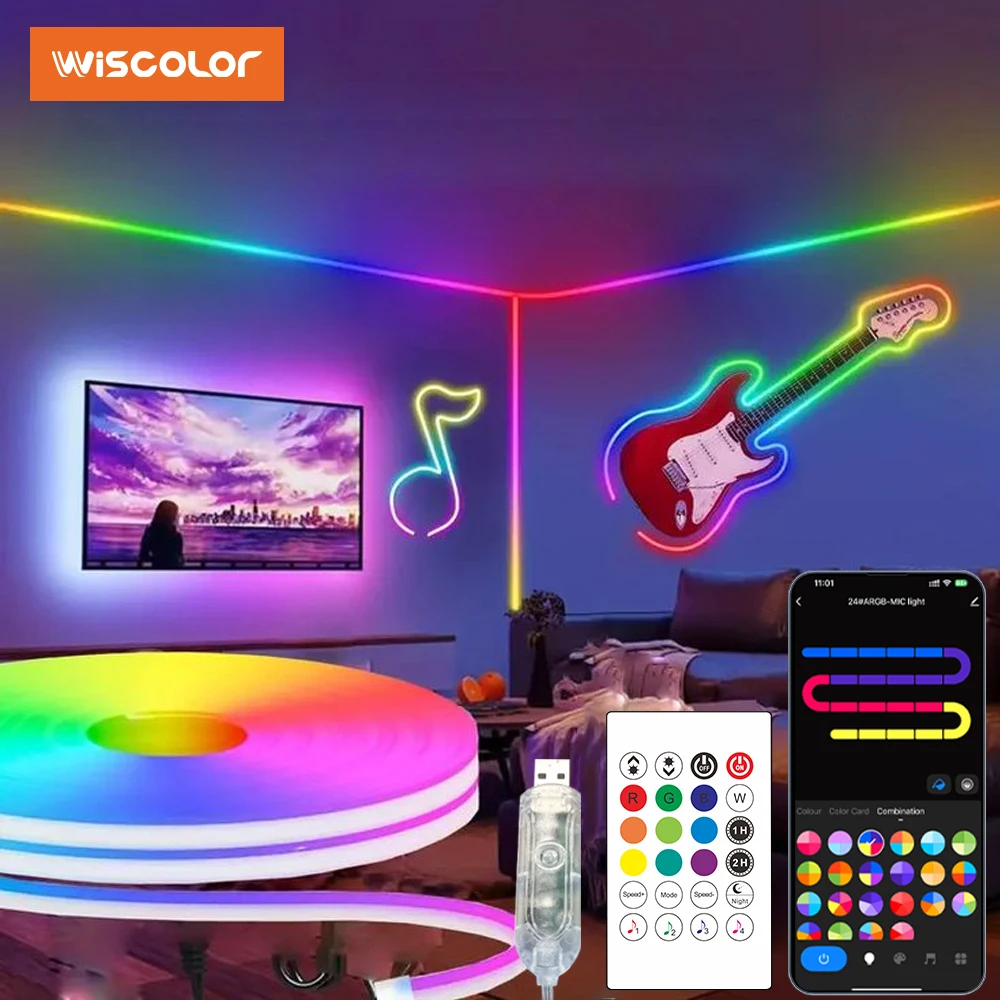

Wiscolor Светодиодная лента RGBIC Neon Strip Light, 5V USB, 1/2/3/5m, IP67 Waterproof, цвет сказочной мечты, музыкальная синхронизация, силиконовая лента, с APP и пультом дистанционного управления, для дома/комнаты DIY