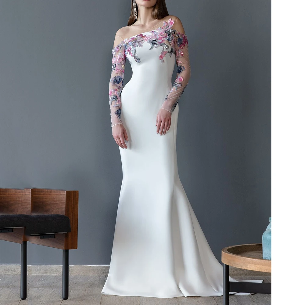 Pretty White Women Prom Dresses Strapless Floor Length Trumpet Full Sleeves Flowers High Quality Evening Party Banquet Gowns