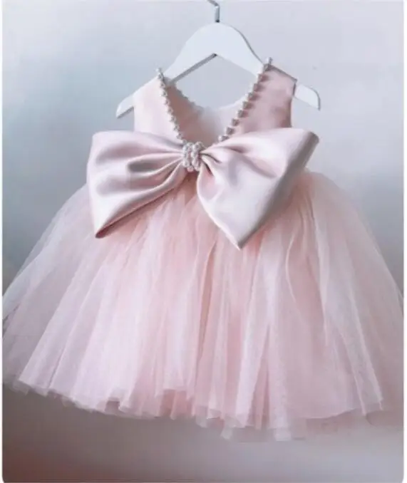 Pink Flower Girl Dress O Neck Big Bow First Communion Dresses Child Wedding Party Gowns