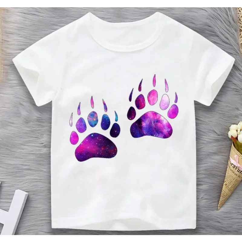 Flower Cat Paw Print Tshirt Hot Sale Girls Boys Harajuku Children'S Clothing Funny White T-Shirt Summer Tops Tee Kids Clothes