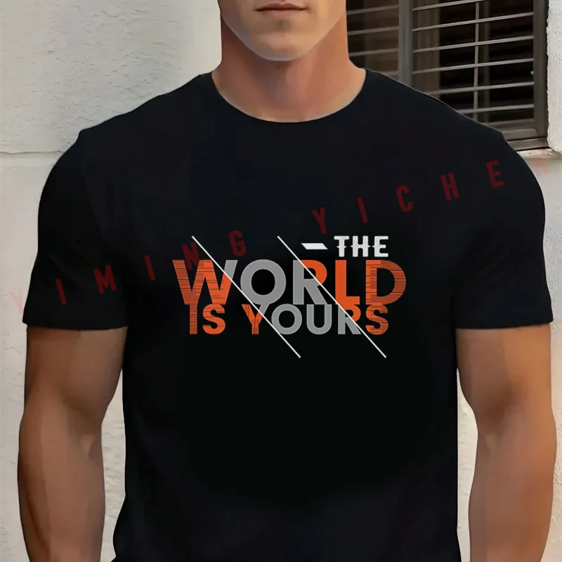 

Men's Summer Cotton T-shirt The World Is Yours Graphic Motorcycle Tee Casual Short-sleeve Motorbike Cycling Top