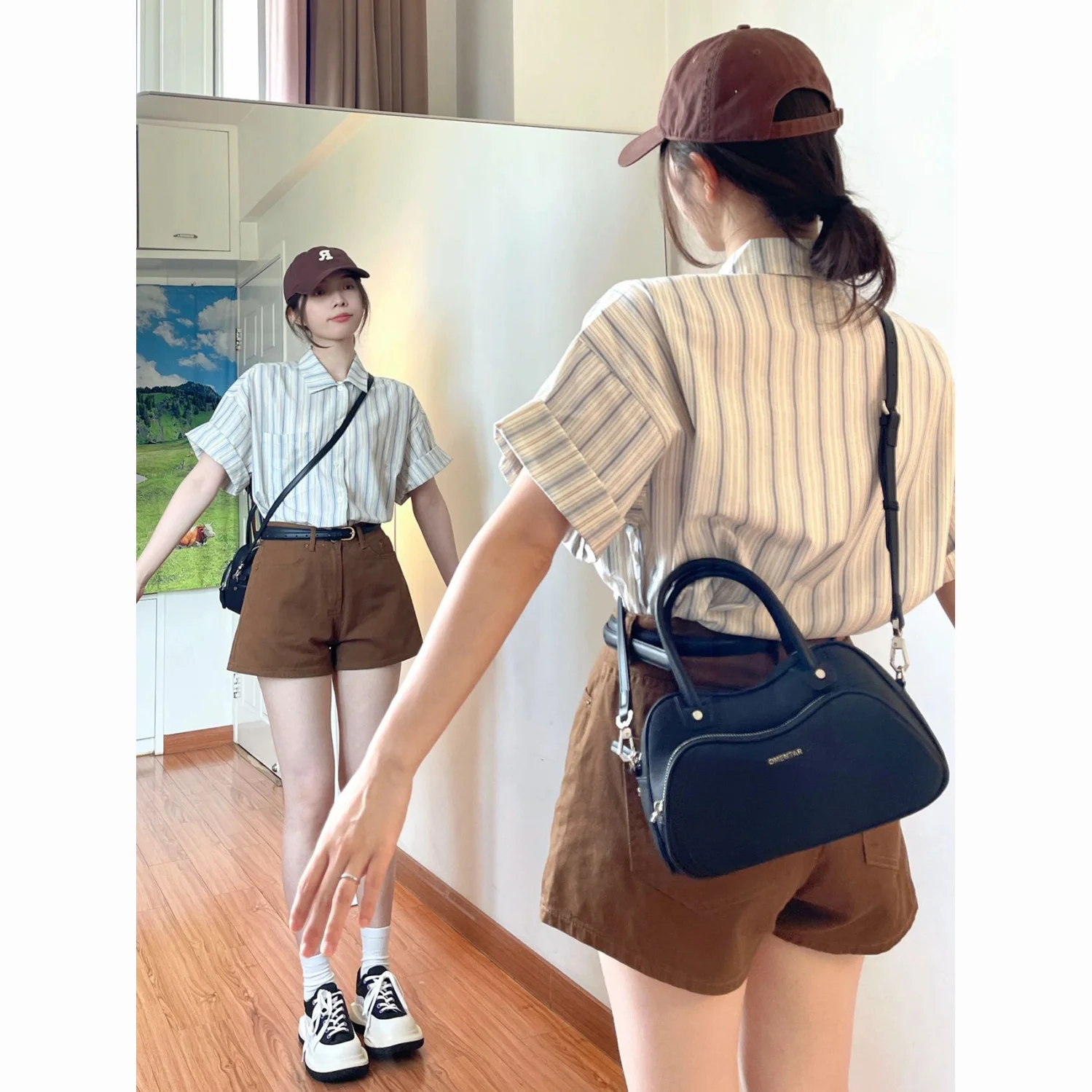 

Short Sleeve Shirts Womens Cotton Patchwork Pintuck Regular Shirt Summer Minimalist Artistic Preppy Student Youthful Girlish