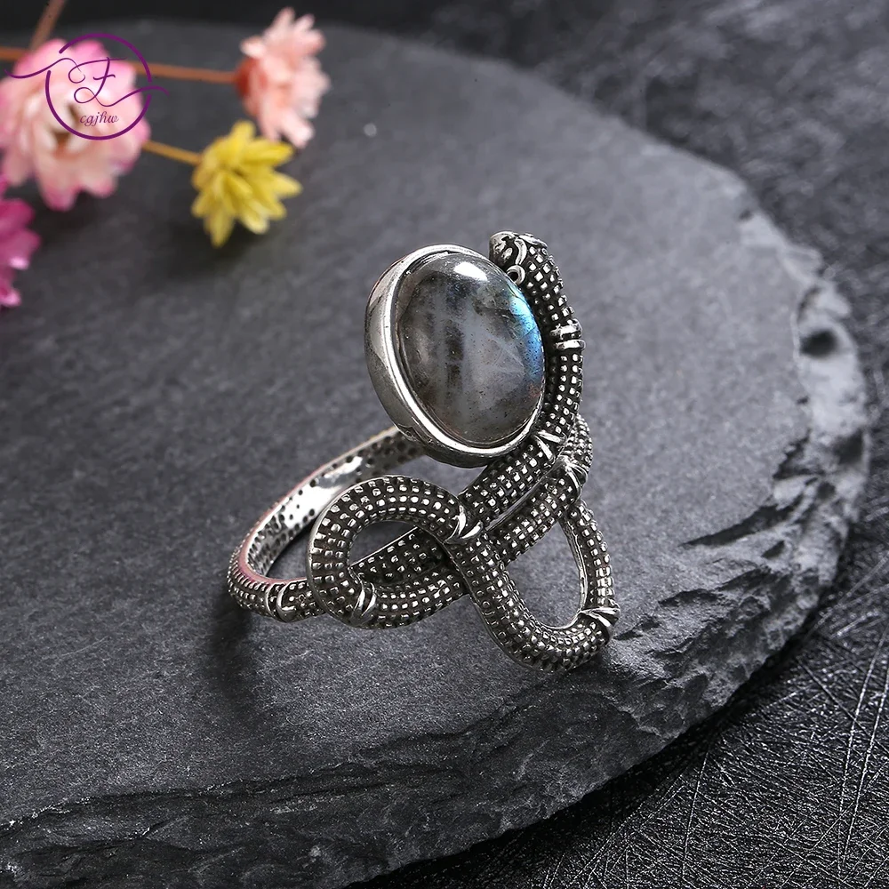 

S925 Sterling Silver Snake Shaped Natural Labradorite Ring Silver 10*12MM Turquoise Moonstone Retro Gift for Women Fine Jewelry