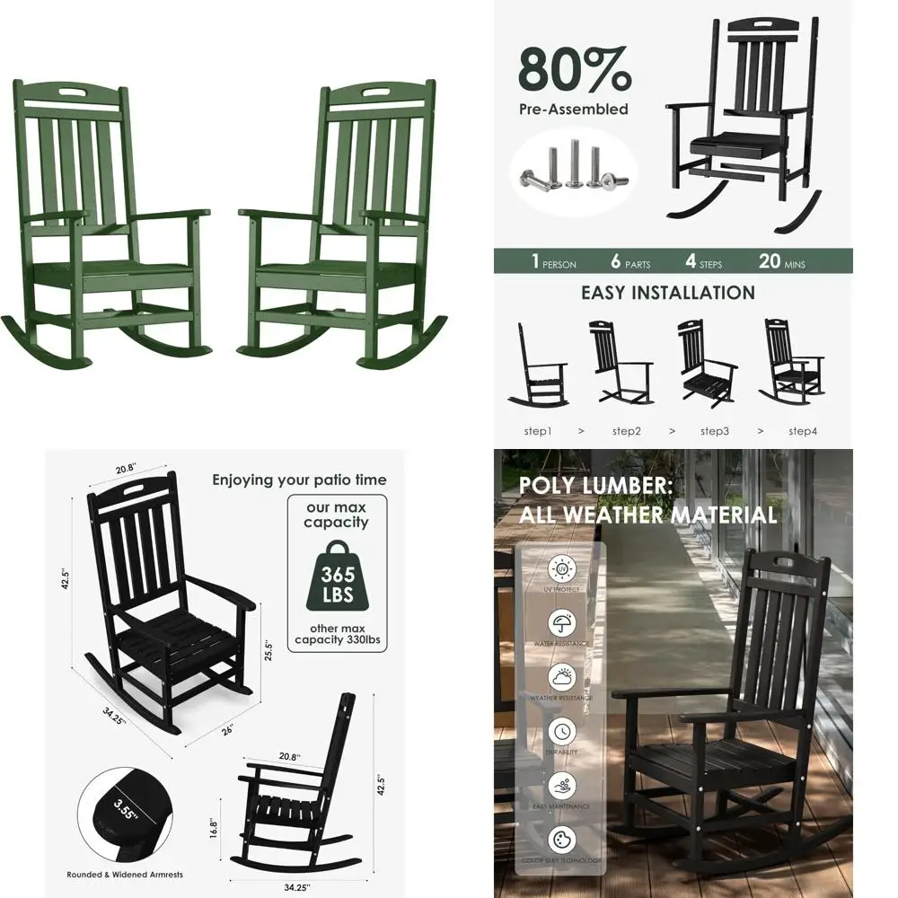 All-Weather High Back Plastic Outdoor Rocking Chairs Set of 2 for Patio, Porch, Garden, Lawn - Durable Weather-Resistant Rockers