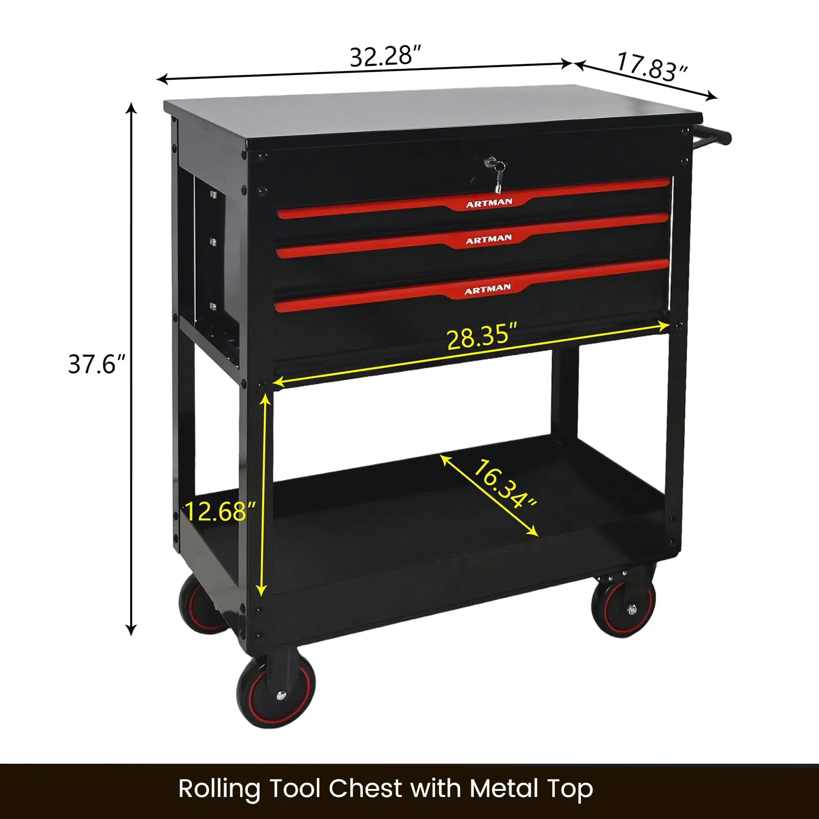 Rolling Tool Chest with 3 Drawers, Top Compartment, Bottom Shelf, Black