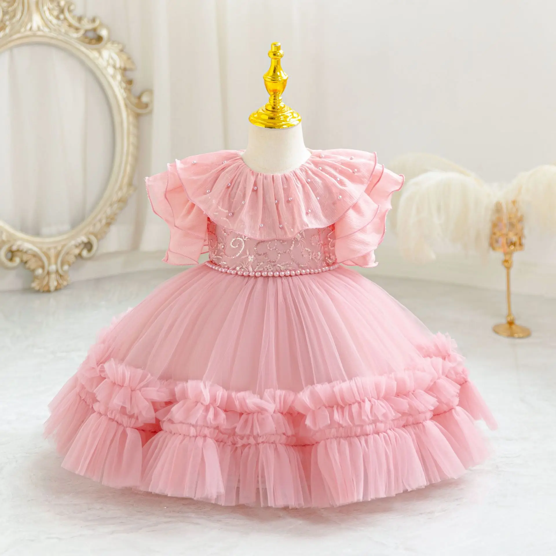 HETISO Pearls Flower Dress for Baby Girl Christmas Lace Toddler Kids 1st Birthday Party Formal Ball Gown Baby Evening Costume