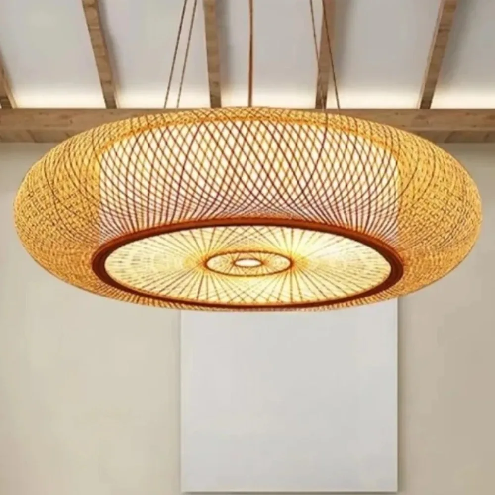 JOYINLED Vintage Retro Natural Pendant Light Creative Bamboo Decor Round Chandeliers for tea Room Island Living Room Dia.50cm