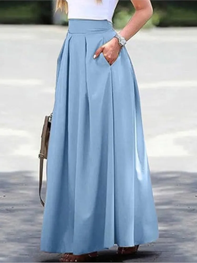 

Women High Waist A-line Pleated Skirt Loose Ankle Length Skirt Pockets Match Top Female Spring Autumn All-match Skirt Streetwear