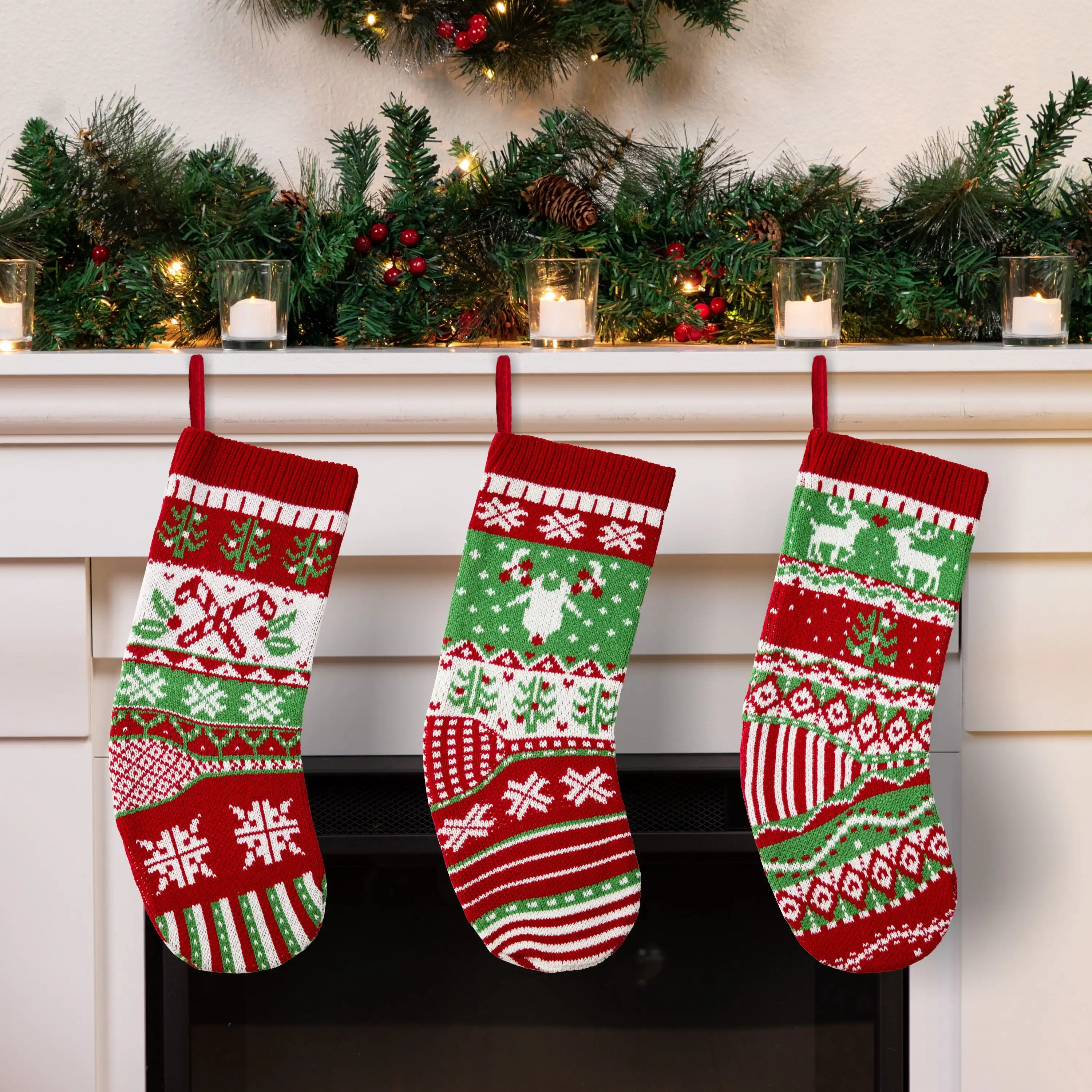 Joyfy 3 Pcs 18" Knit Christmas Stockings Large Rustic Cable Knit Xmas Stocking in Red & Green for Christmas Holiday Decorations