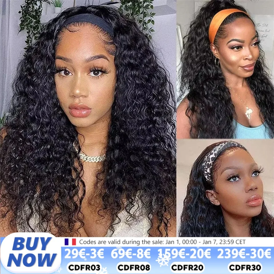 Deep Wave Headband Wig Human Hair Curly Wigs For Women 100% Real Brazilian Hair Front Wigs Full Machine Made Wigs Thick Density