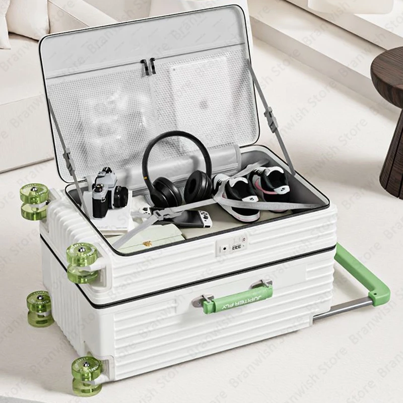 Mala básica com suporte de copo e gancho, mala de viagem com rodas giratórias, carrinho largo portátil, bagagem com abertura frontal