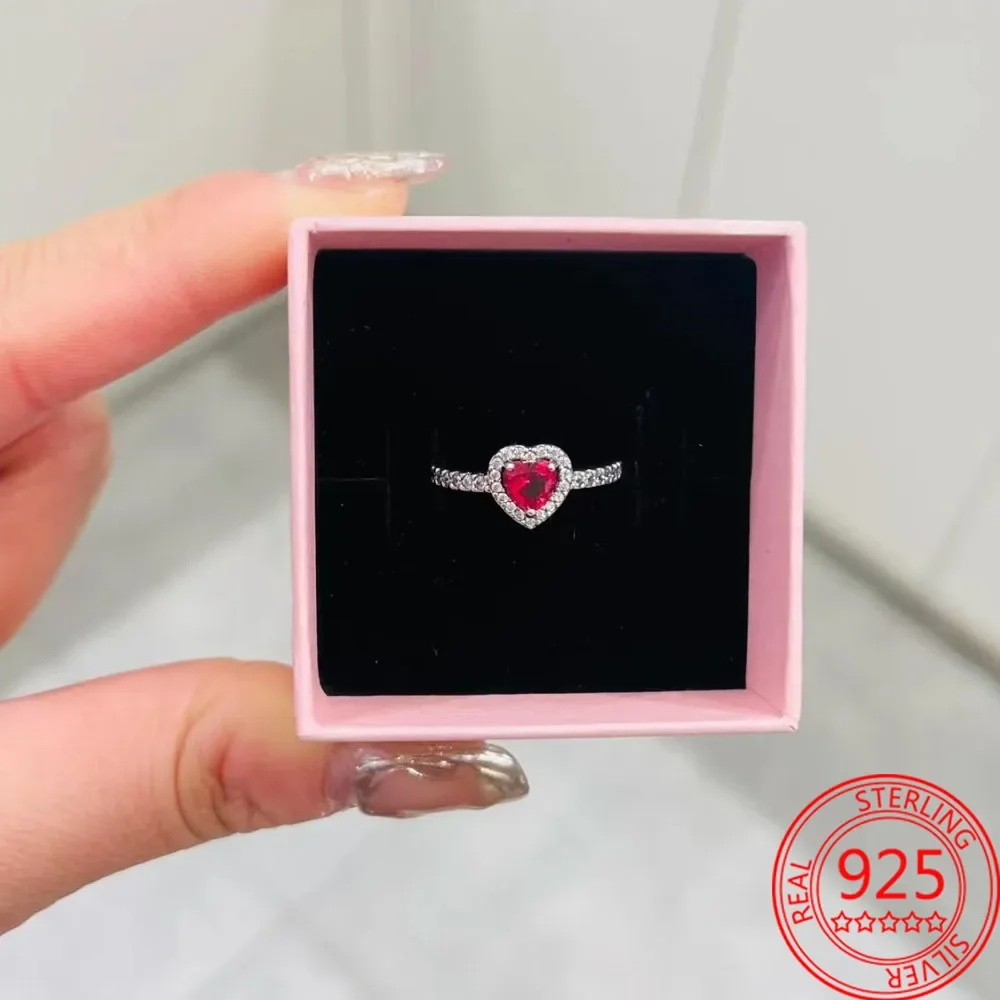 Nova 925 Sterling Silver Sparkling Coração Halo Pingente Collier Colar Red Heart Ring Rodada Hoop Brincos Mulheres Jóias Set Gift