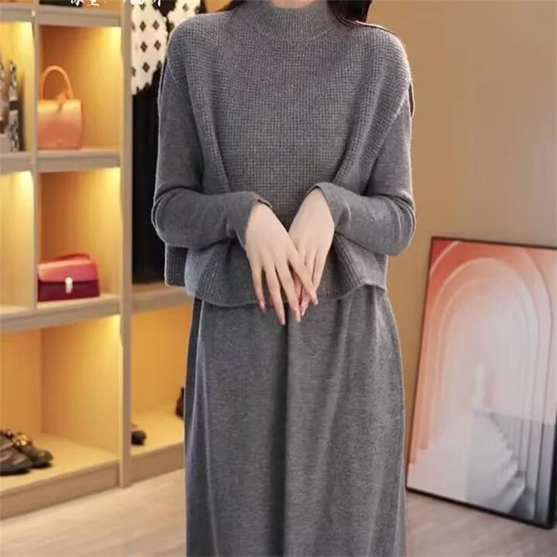 

Женское модное трикотажное платье для отдыха, женские комплекты-свитера средней длины, комплекты из 2 предметов, осенне-зимний женский утепленный костюм