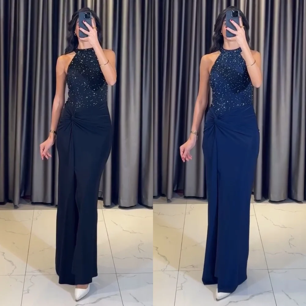

Customized Sexy Pleat Sequined Straight Halter Long Dresses Bespoke Occasion Evening Exquisite Sizes Available Matching