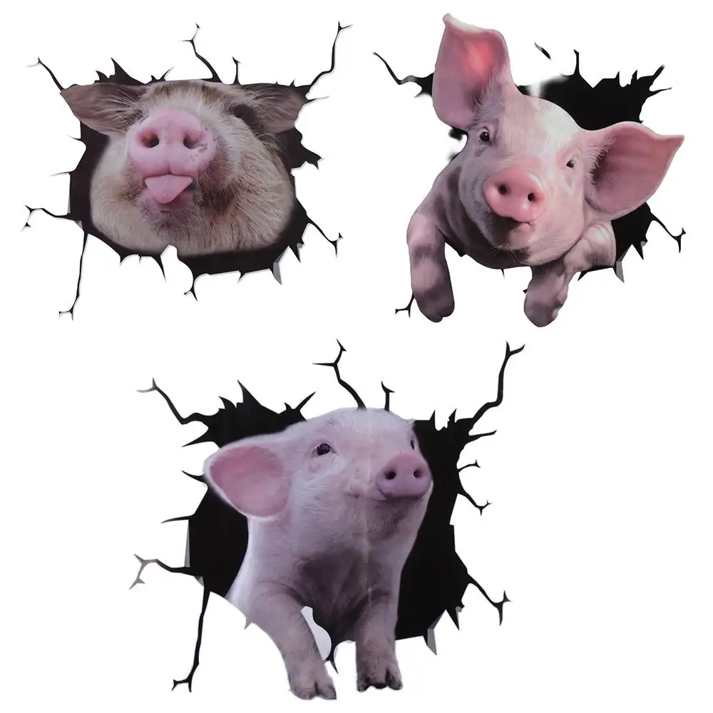 3pcs 3Style 3D Pet Pig Sticker Pig Shape 11.8inch Funny Animal Style Car Sticker PVC Piggy Cracking Rear Window Sticker