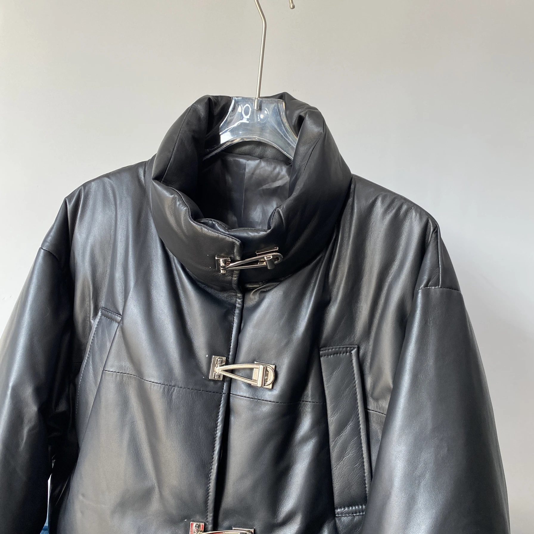 Haining Winter New Sle Women's ort Leather Jaet Stand Collar down Filled eepskin Single Button Coat Slim Fit Commute ...