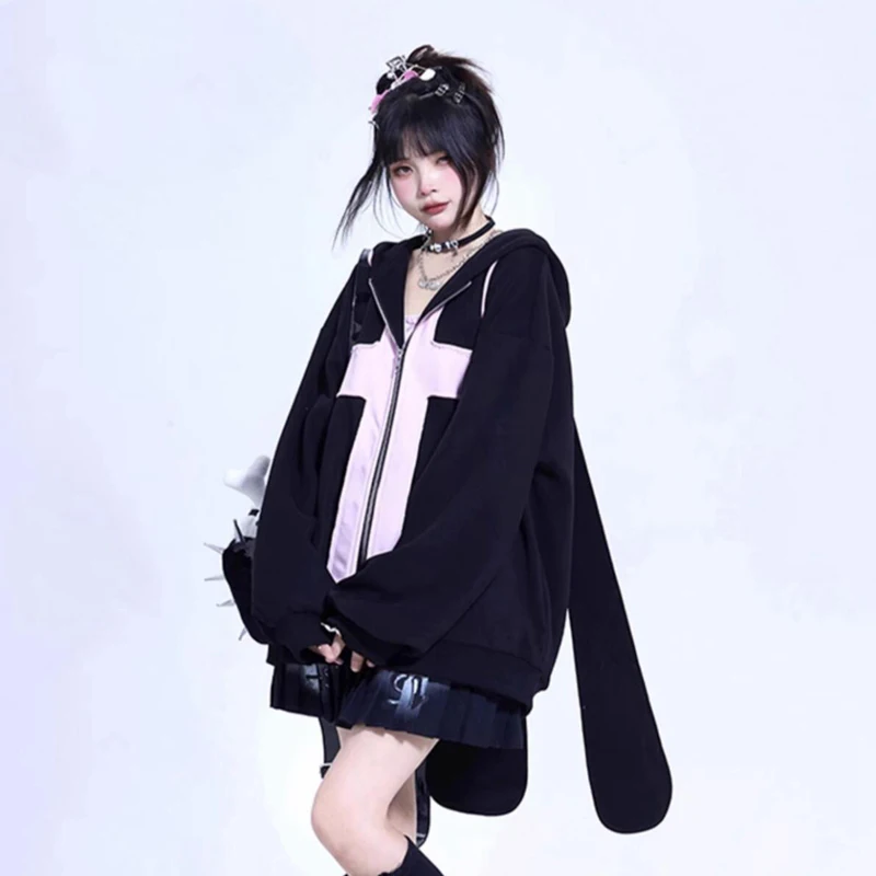 90s Loose Harajuku Y2k Long Rabbit Ears Hoodies Women Gothic Punk Sweatshirts Casual Oversize Black Hooded Coats Chic Streetwear