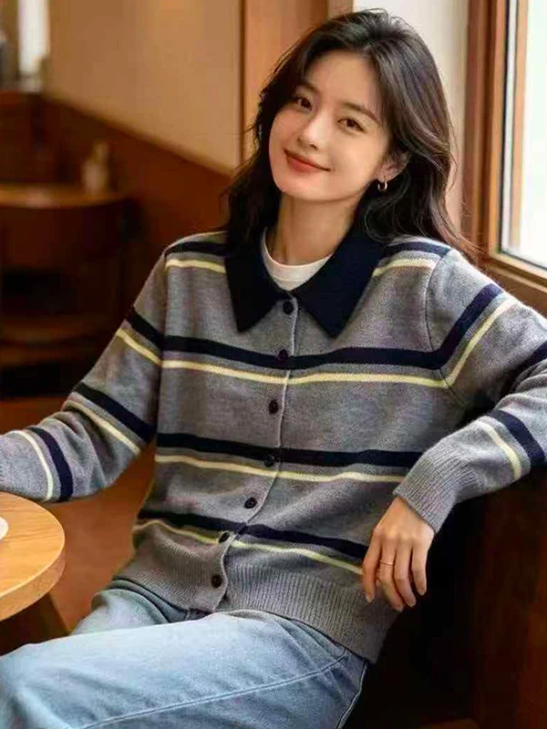 Autumn Winter Color Block Striped Women's Knitted Woolen Open Cardigan Loose Sweater Base Layer Top Trendy  Collar