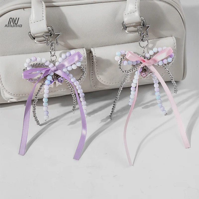 Y2K Sweet Beaded Keyring Exquisite Ribbon Rhinestone Bow Keychain For Girls Bag Pendant Decoration Fashion Key Accessories