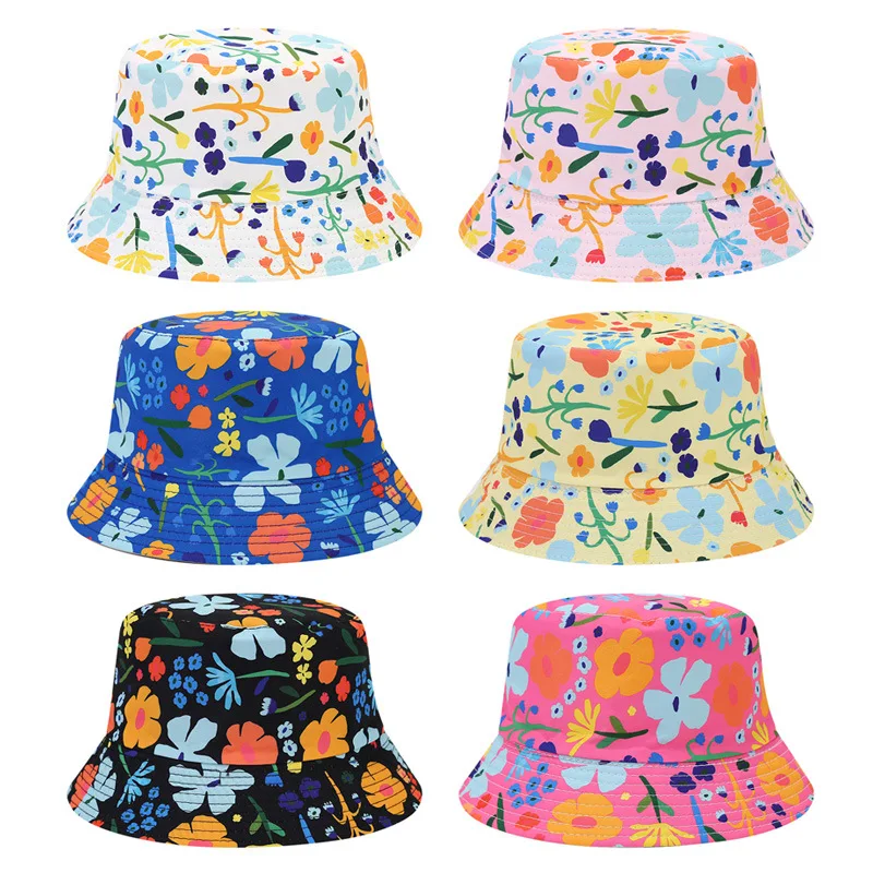 Bocca Flower Printing Children Bucket Hat Girls Kids Fisherman Hats Bohemian Style Panama Cap Double Sides Summer Outdoor Travel