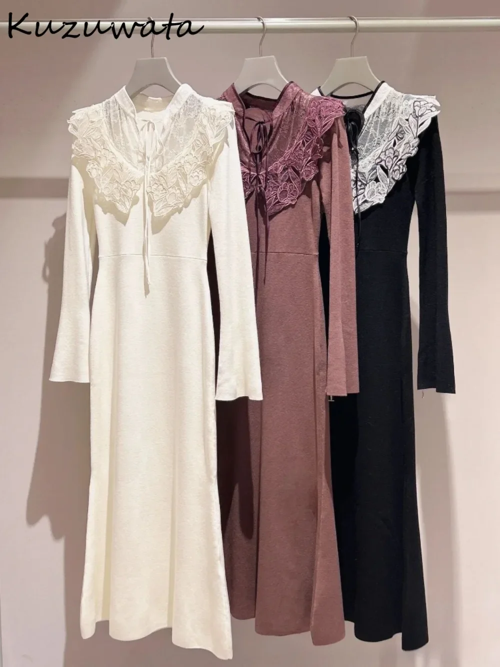 Kuzuwata Elegant Sweet Flare Sleeve Stand Collar Dress Chinese Style Commuter Lace Knit Robe Japan Slim Waist Embroidery Vestido