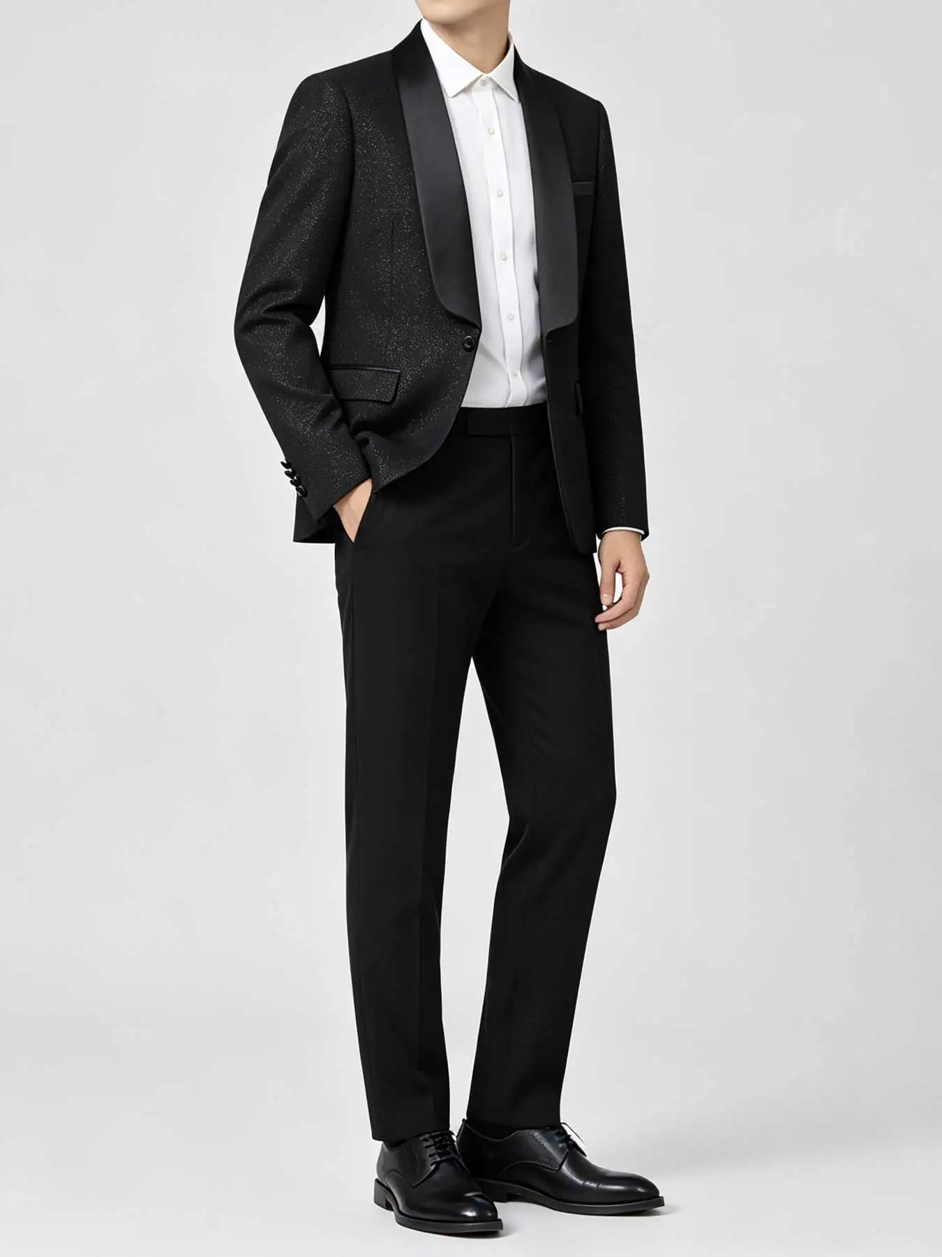 Men 2 Piece Black Glitter Suit Set, Sparkly Shawl Lapel Blazer + Solid Plain Black Trousers, Slim Fit Wedding Groom Formal Terno