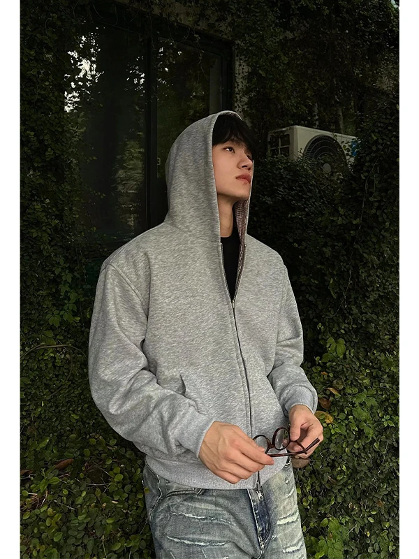 

ay клетчатая двусторонняя толстовка с капюшоном, мужской свободный тяжелый кардиган на молнии, американский модный брендовый свитер с капюшоном, повседневный Sle