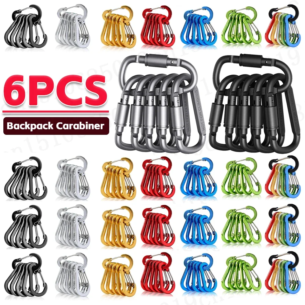 6pcs Backpack Carabiner Outdoor Camping Hiking Aluminum Alloy D-ring Snap Clip Keychain Lock Buckle Hook Climbing Tools