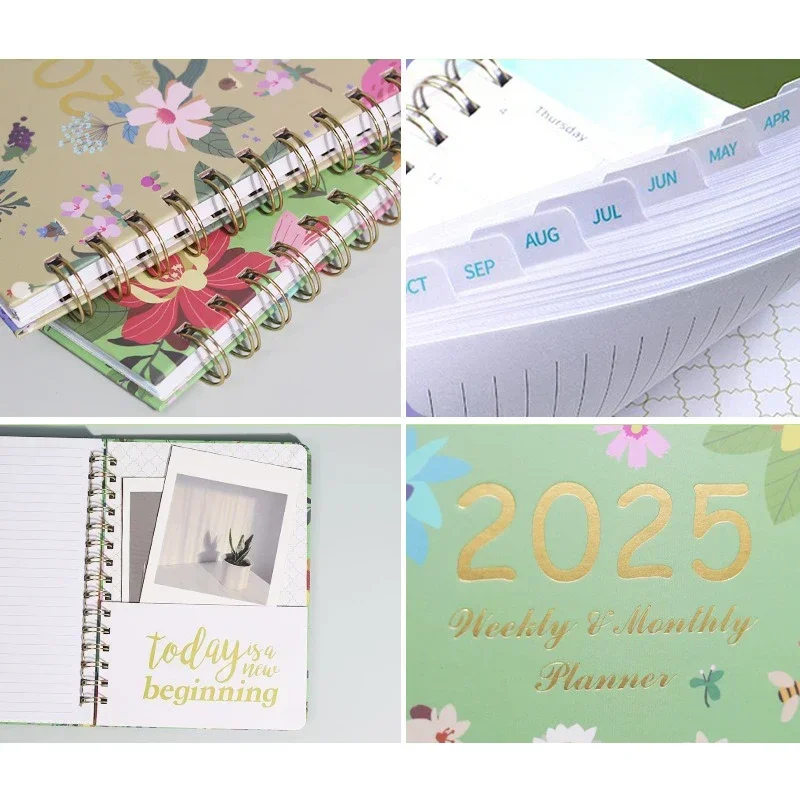 2025 Plan Calendar Diary Coil Notebook A5 Weekly Notebook Planners Budget Planner Flower Pattern 140 Pages Book (2025.1-2025.12)