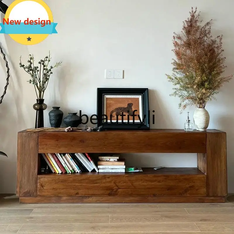 

A139 Vintage Wabi-Sabi Style TV Cabinet Solid Wood Retro Decorative Wall Cabinet Natural Wood Fireplace Low Cabinet