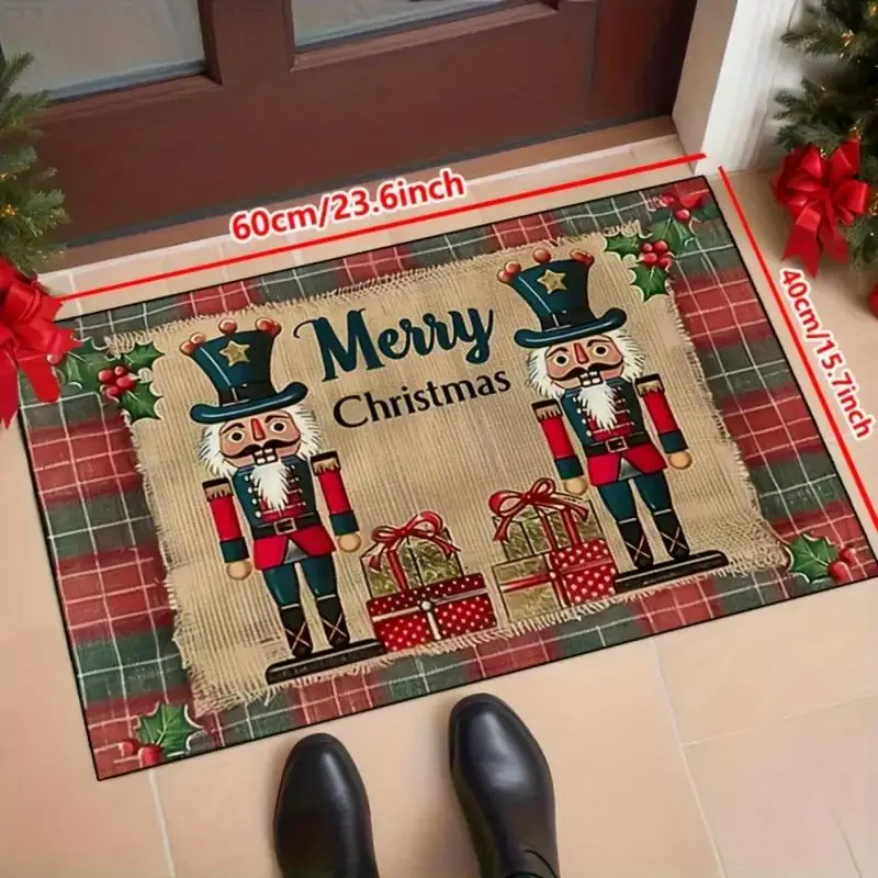 VIKAMA Christmas Crystal Velvet Door Mat Nutcracker Soldier Gift Plaid Print Non Slip Mat For Front Door Porch Entry Decor