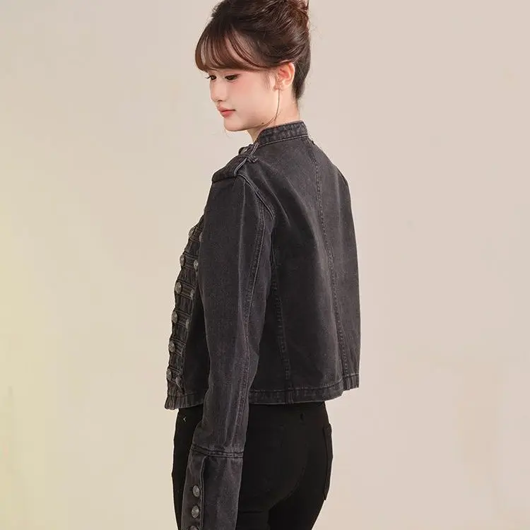 Women's Denim Jacket Short Loose Slimming Retro Military Style Double Row Button Design Casual Top Punk Style Loose Fit